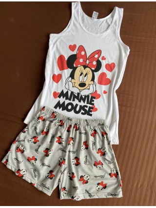 Pijama dama ieftina bumbac scurta cu maieu alb si pantaloni scurti draguti gri cu inimioare si cu imprimeu MINNIE happy
