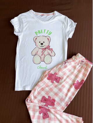 Pijama dama ieftina bumbac lunga cu pantaloni lungi roz si tricou alb cu imprimeu Pretty Good