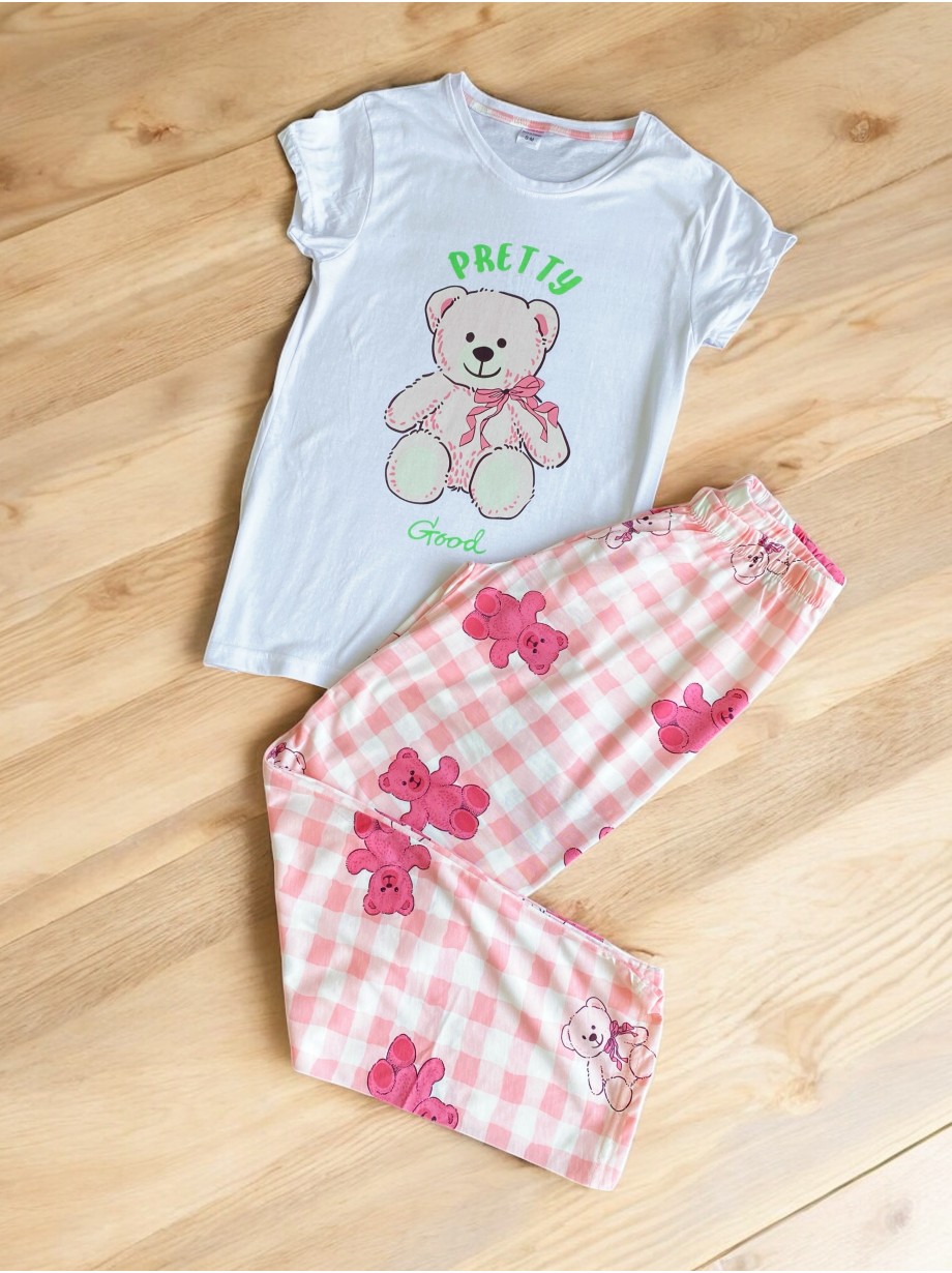 Pijama dama ieftina bumbac lunga cu pantaloni lungi roz si tricou alb cu imprimeu Pretty Good