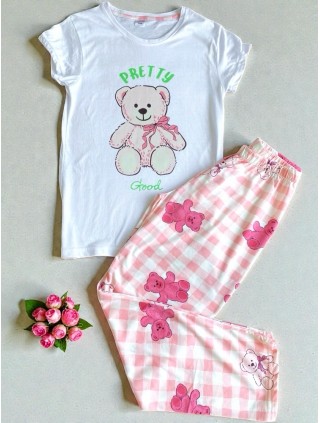 Pijama dama ieftina bumbac lunga cu pantaloni lungi roz si tricou alb cu imprimeu Pretty Good