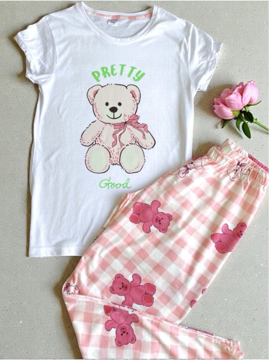 Pijama dama ieftina bumbac lunga cu pantaloni lungi roz si tricou alb cu imprimeu Pretty Good Pijama dama ieftina bumbac lunga cu pantaloni lungi roz si tricou alb cu imprimeu Pretty Good