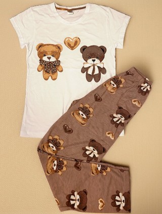 Pijama dama ieftina bumbac lunga cu pantaloni lungi maro si tricou alb cu imprimeu CUTE BEARS