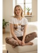 Pijama dama ieftina bumbac lunga cu pantaloni lungi maro si tricou alb cu imprimeu CUTE BEARS