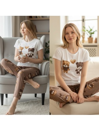 Pijama dama ieftina bumbac lunga cu pantaloni lungi maro si tricou alb cu imprimeu CUTE BEARS