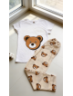 Pijama dama ieftina din bumbac cu pantaloni lungi maro si tricou alb cu imprimeu superb TOY