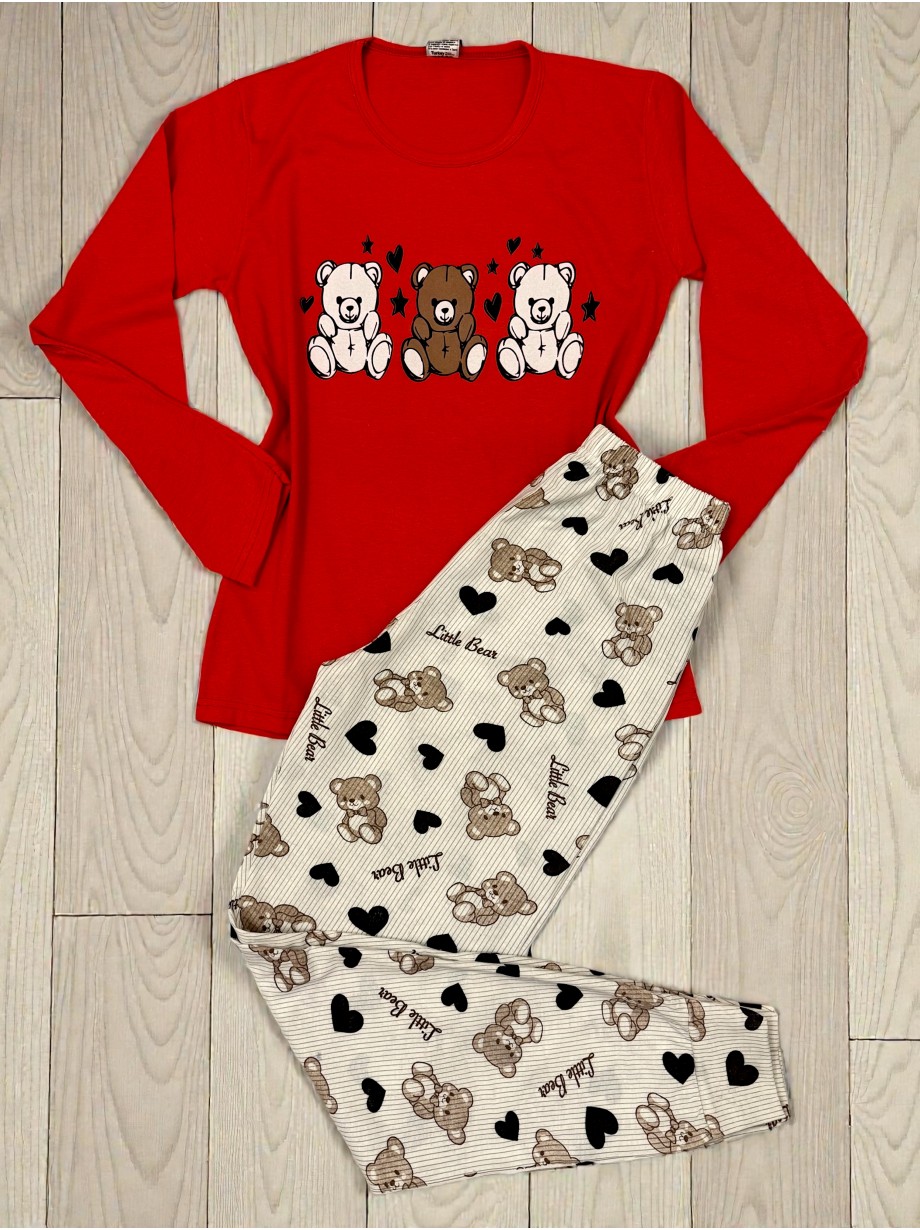 Pijama dama ieftina din bumbac cu pantaloni lungi si bluza rosie cu imprimeu ursuleti inimioare Pijama dama ieftina din bumbac cu pantaloni lungi si bluza rosie cu imprimeu ursuleti inimioare
