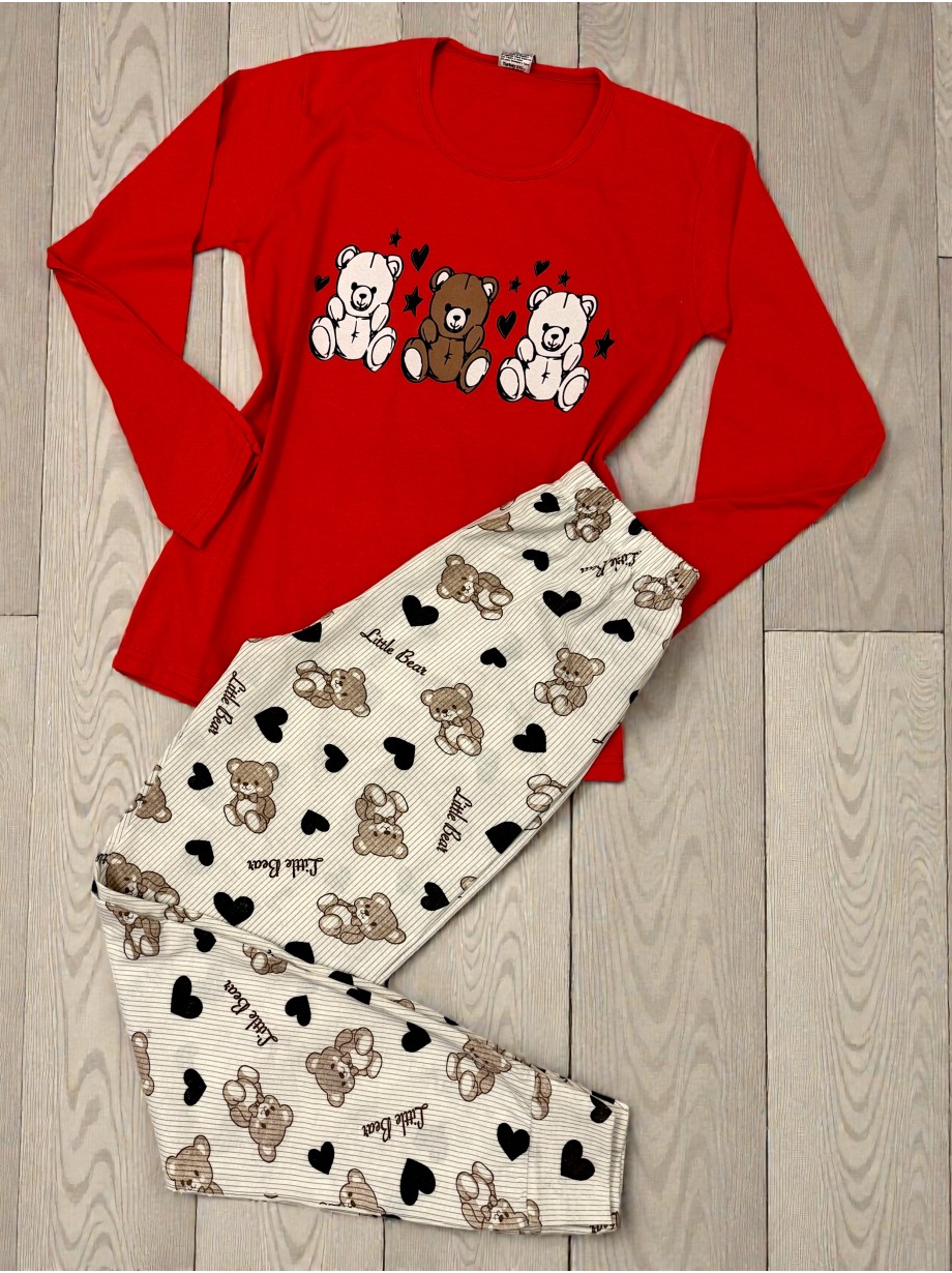 Pijama dama ieftina din bumbac cu pantaloni lungi si bluza rosie cu imprimeu ursuleti inimioare Pijama dama ieftina din bumbac cu pantaloni lungi si bluza rosie cu imprimeu ursuleti inimioare