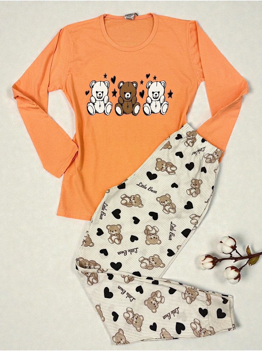 Pijama dama ieftina din bumbac cu pantaloni lungi si bluza portocalie cu imprimeu ursuleti inimioare