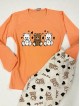 Pijama dama ieftina din bumbac cu pantaloni lungi si bluza portocalie cu imprimeu ursuleti inimioare