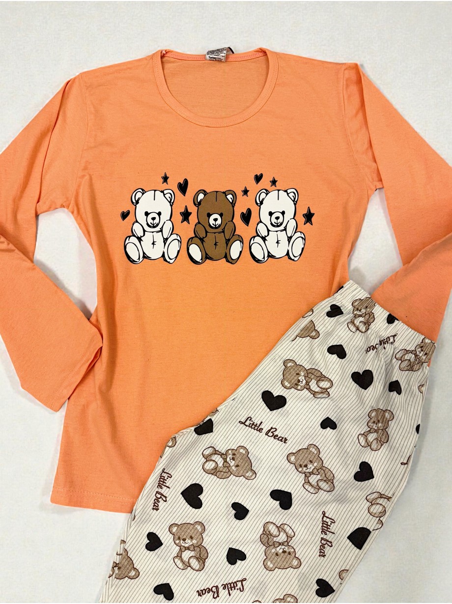 Pijama dama ieftina din bumbac cu pantaloni lungi si bluza portocalie cu imprimeu ursuleti inimioare