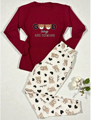 Pijama dama ieftina din bumbac cu pantaloni lungi si bluza grena cu imprimeu Good things are coming