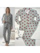 Pijama dama ieftina bumbac si lycra lunga cu bluza gri si pantaloni lungi gri cu imprimeu inimioare rosii