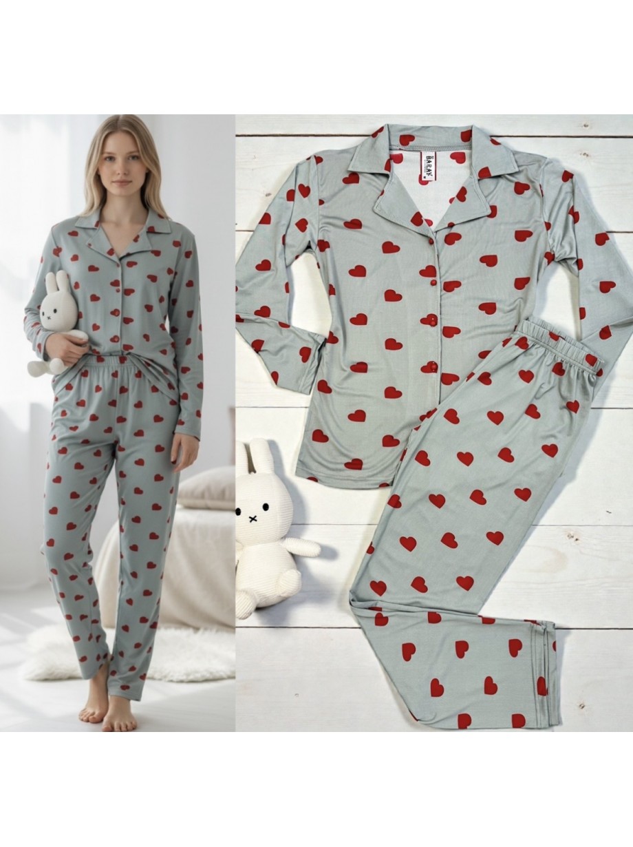 Pijama dama ieftina bumbac si lycra lunga cu bluza gri si pantaloni lungi gri cu imprimeu inimioare rosii