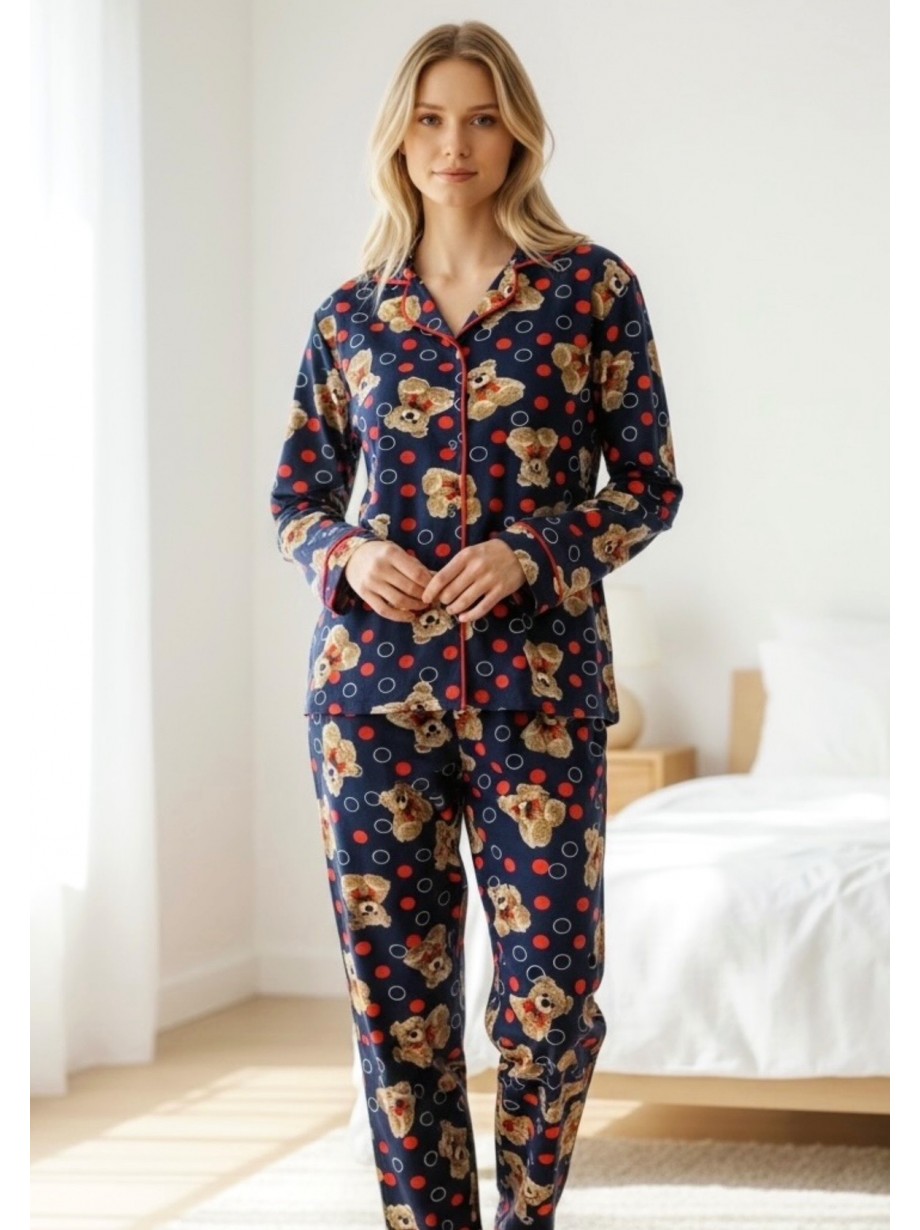 Pijama dama ieftina bumbac pufoasa lunga cu bluza bleumarin si pantaloni lungi cu imprimeu ursuleti buline Pijama dama ieftina bumbac pufoasa lunga cu bluza bleumarin si pantaloni lungi cu imprimeu ursuleti buline