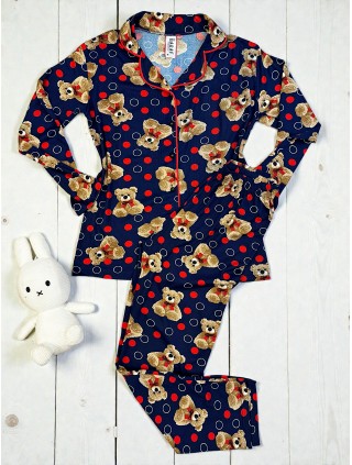 Pijama dama ieftina bumbac pufoasa lunga cu bluza bleumarin si pantaloni lungi cu imprimeu ursuleti buline