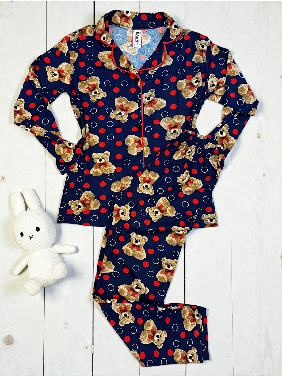 Pijama dama ieftina bumbac pufoasa lunga cu bluza bleumarin si pantaloni lungi cu imprimeu ursuleti buline Pijama dama ieftina bumbac pufoasa lunga cu bluza bleumarin si pantaloni lungi cu imprimeu ursuleti buline
