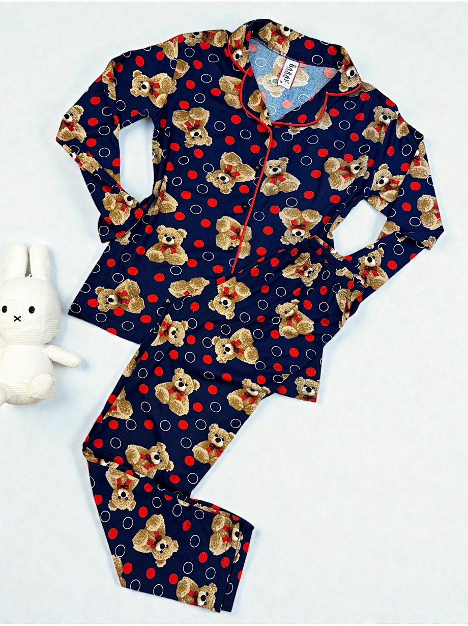 Pijama dama ieftina bumbac pufoasa lunga cu bluza bleumarin si pantaloni lungi cu imprimeu ursuleti buline Pijama dama ieftina bumbac pufoasa lunga cu bluza bleumarin si pantaloni lungi cu imprimeu ursuleti buline