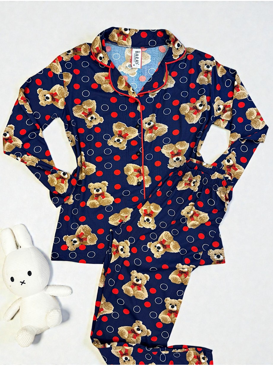 Pijama dama ieftina bumbac pufoasa lunga cu bluza bleumarin si pantaloni lungi cu imprimeu ursuleti buline Pijama dama ieftina bumbac pufoasa lunga cu bluza bleumarin si pantaloni lungi cu imprimeu ursuleti buline