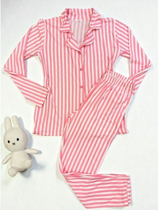 Pijama dama ieftina bumbac pufoasa lunga cu bluza roz si pantaloni lungi cu imprimeu dungi roz cu alb