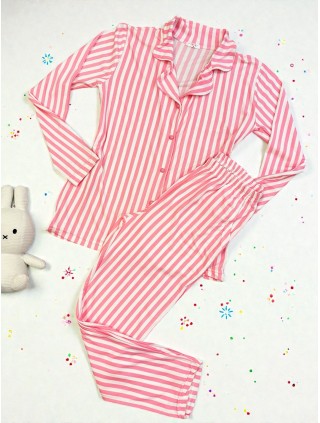 Pijama dama ieftina bumbac pufoasa lunga cu bluza roz si pantaloni lungi cu imprimeu dungi roz cu alb