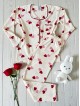 Pijama dama ieftina bumbac pufos lunga cu bluza ivoire si pantaloni lungi ivoire cu imprimeu inimioare rosii