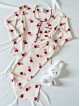 Pijama dama ieftina bumbac pufos lunga cu bluza ivoire si pantaloni lungi ivoire cu imprimeu inimioare rosii