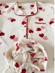Pijama dama ieftina bumbac pufos lunga cu bluza ivoire si pantaloni lungi ivoire cu imprimeu inimioare rosii