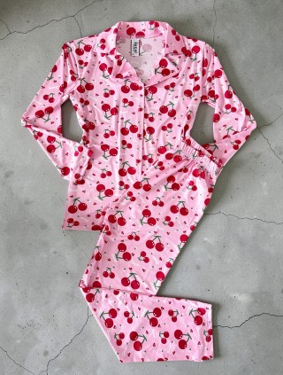 Pijama dama ieftina din bumbac fin, mai larguta - lejera cu pantaloni lungi si bluza lunga cu imprimeu CIRESE JUICY