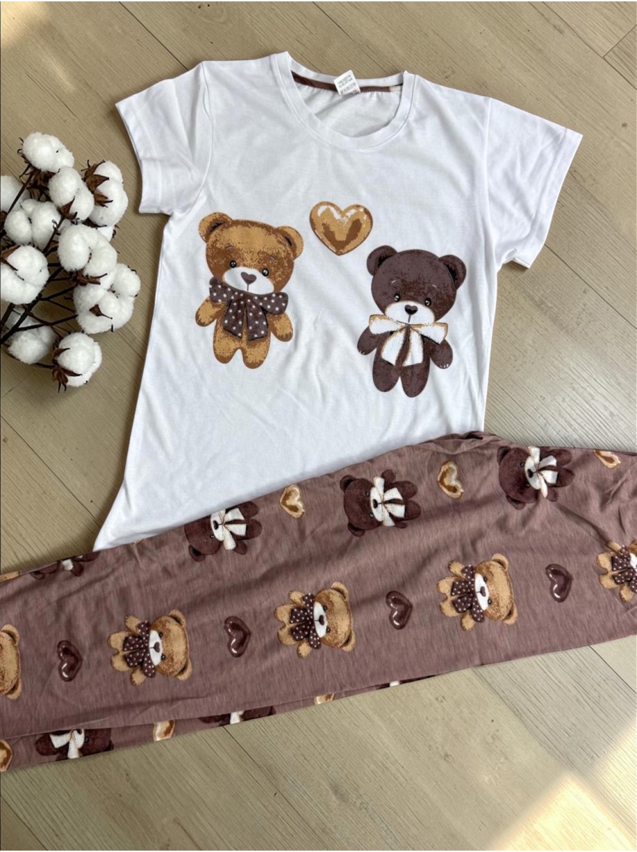 Pijama dama ieftina din bumbac cu tricou si pantaloni lungi maro cu imprimeu BEARS