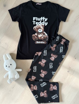 Pijama dama din bumbac cu pantaloni lungi si tricou negru cu imprimeu Fluffy Teddy