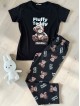 Pijama dama din bumbac cu pantaloni lungi si tricou negru cu imprimeu Fluffy Teddy