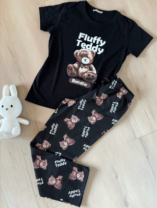 Pijama dama din bumbac cu pantaloni lungi si tricou negru cu imprimeu Fluffy Teddy