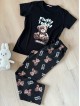 Pijama dama din bumbac cu pantaloni lungi si tricou negru cu imprimeu Fluffy Teddy