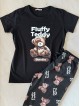 Pijama dama din bumbac cu pantaloni lungi si tricou negru cu imprimeu Fluffy Teddy