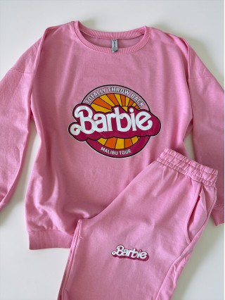 Pijama dama din bumbac cu pantaloni 3/4 si bluza roz cu imprimeu BARBIE