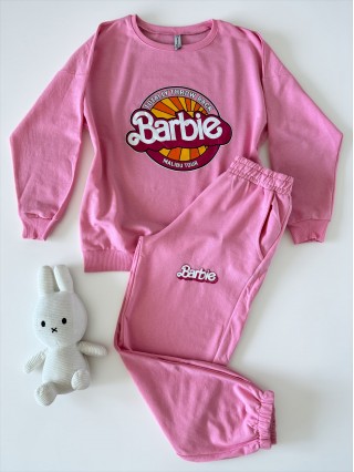 Pijama dama din bumbac cu pantaloni 3/4 si bluza roz cu imprimeu BARBIE