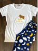 Pijama dama din bumbac cu pantaloni lungi bleumarin si tricou alb cu imprimeu GOOD NIGHT ursulet