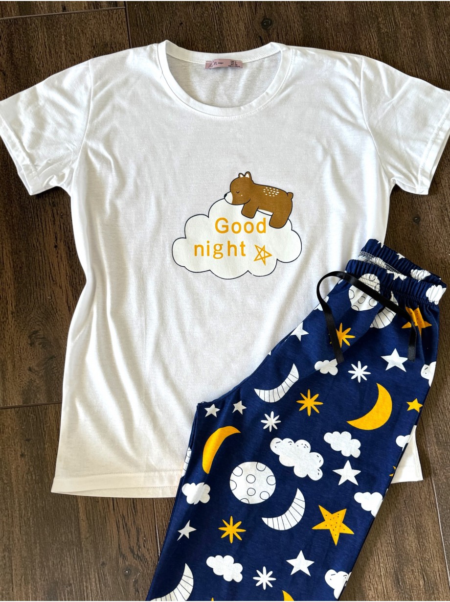 Pijama dama din bumbac cu pantaloni lungi bleumarin si tricou alb cu imprimeu GOOD NIGHT ursulet