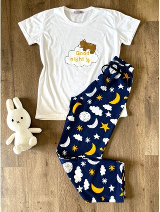 Pijama dama din bumbac cu pantaloni lungi bleumarin si tricou alb cu imprimeu GOOD NIGHT ursulet