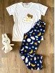Pijama dama din bumbac cu pantaloni lungi bleumarin si tricou alb cu imprimeu GOOD NIGHT ursulet