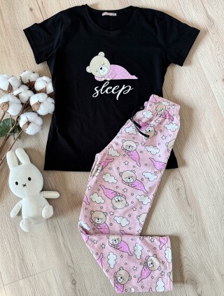 Pijama dama din bumbac cu pantaloni lungi roz si tricou negru cu imprimeu SLEEP ursulet