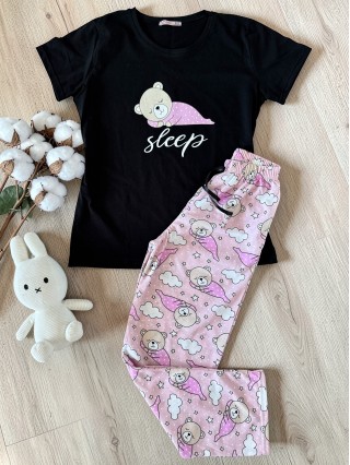 Pijama dama din bumbac cu pantaloni lungi roz si tricou negru cu imprimeu SLEEP ursulet