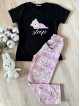Pijama dama din bumbac cu pantaloni lungi roz si tricou negru cu imprimeu SLEEP ursulet