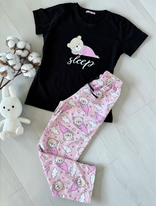 Pijama dama din bumbac cu pantaloni lungi roz si tricou negru cu imprimeu SLEEP ursulet