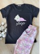 Pijama dama din bumbac cu pantaloni lungi roz si tricou negru cu imprimeu SLEEP ursulet