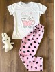 Pijama dama ieftina bumbac lunga cu pantaloni lungi roz cu inimioare si tricou alb cu imprimeu GOOD NIGHT pisicute adorabile