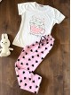 Pijama dama ieftina bumbac lunga cu pantaloni lungi roz cu inimioare si tricou alb cu imprimeu GOOD NIGHT pisicute adorabile
