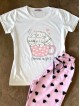 Pijama dama ieftina bumbac lunga cu pantaloni lungi roz cu inimioare si tricou alb cu imprimeu GOOD NIGHT pisicute adorabile