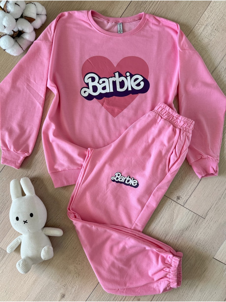 Pijama dama din bumbac cu pantaloni 3/4 si bluza roz cu imprimeu BARBIE heart