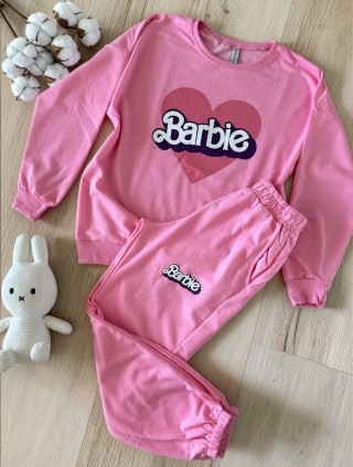 Pijama dama din bumbac cu pantaloni 3/4 si bluza roz cu imprimeu BARBIE heart